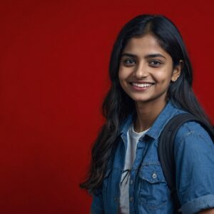 Young Indian female student with backpack, confident and empowered SheCare360.