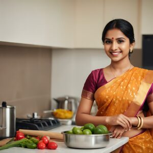 Happy Indian woman in saree cooking, showing SheCare empowerment.