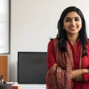 SheCare client smiling confidently in red saree, modern office setting.