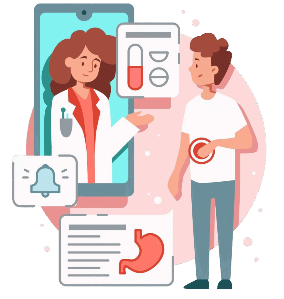 Patient with stomach pain consulting doctor online via smartphone – SheCare.