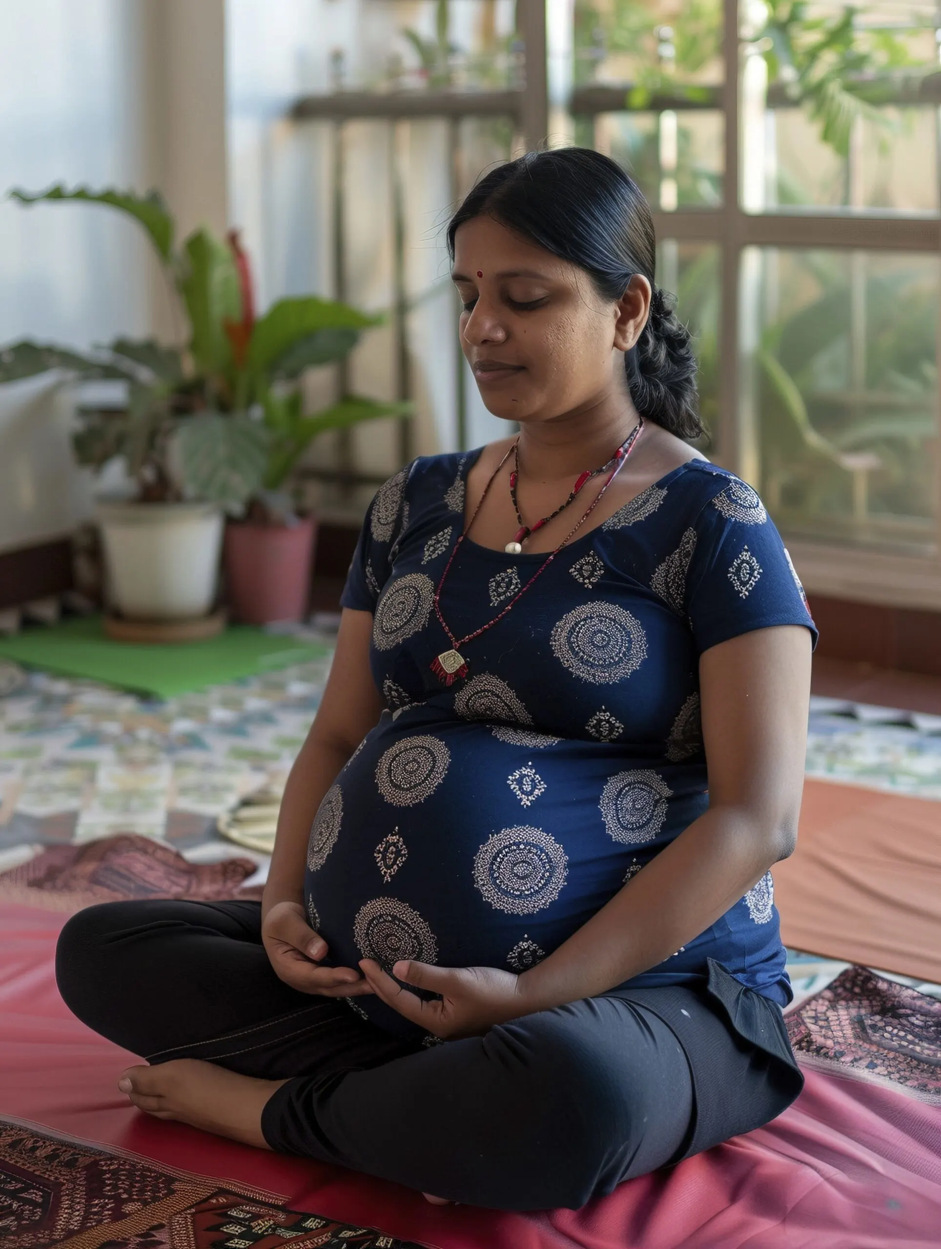 A pregnant woman is sitting on a.mat.